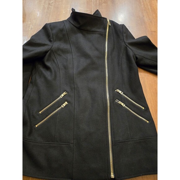 NWT Guess L Black Wool Gold Zip Coat Nordstrom long Chic Classic Asymmetrical - Picture 12 of 16